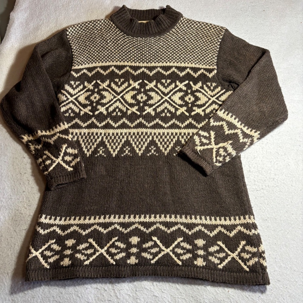 St Johns Bay Vintage 90s Fair Isle Mock Neck Sweater Brown Ramie Wool Small